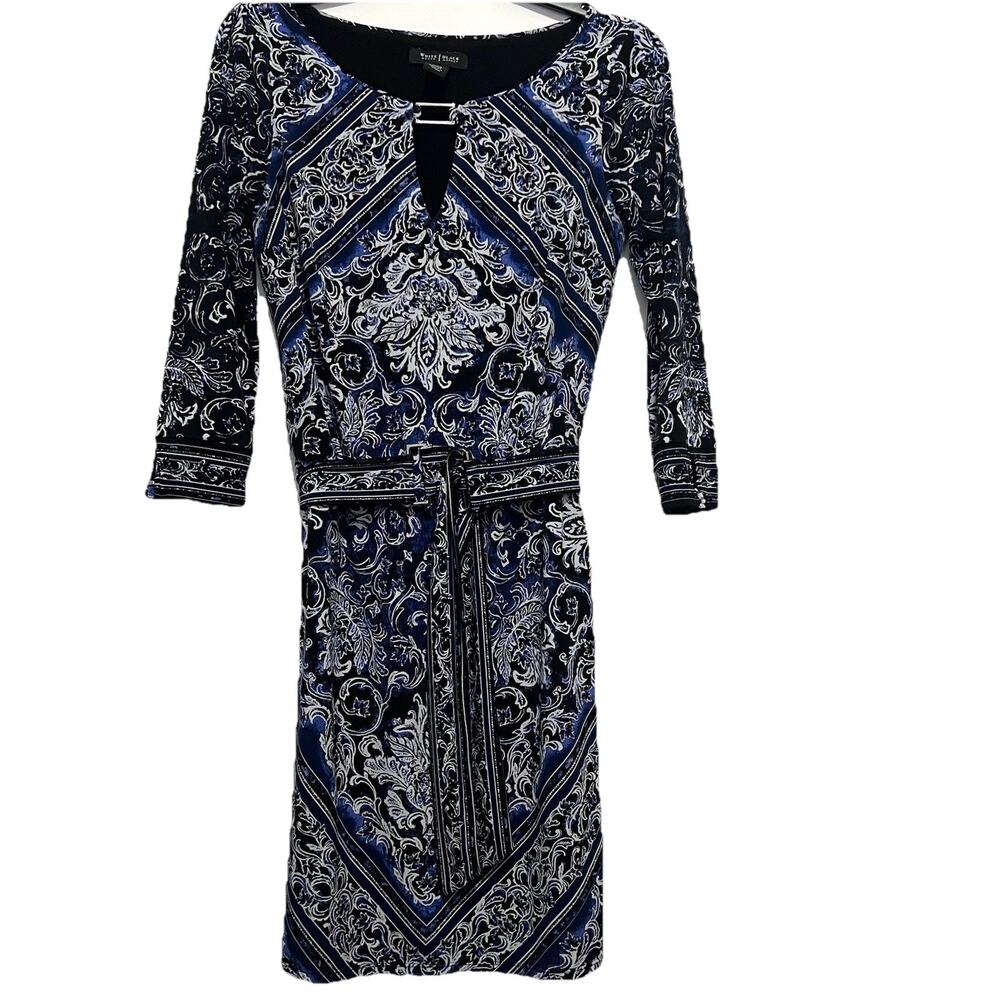 WHBM Womens Sz XS Blue Floral Print Keyhole Neck Belted Dress Silvertone Accents
